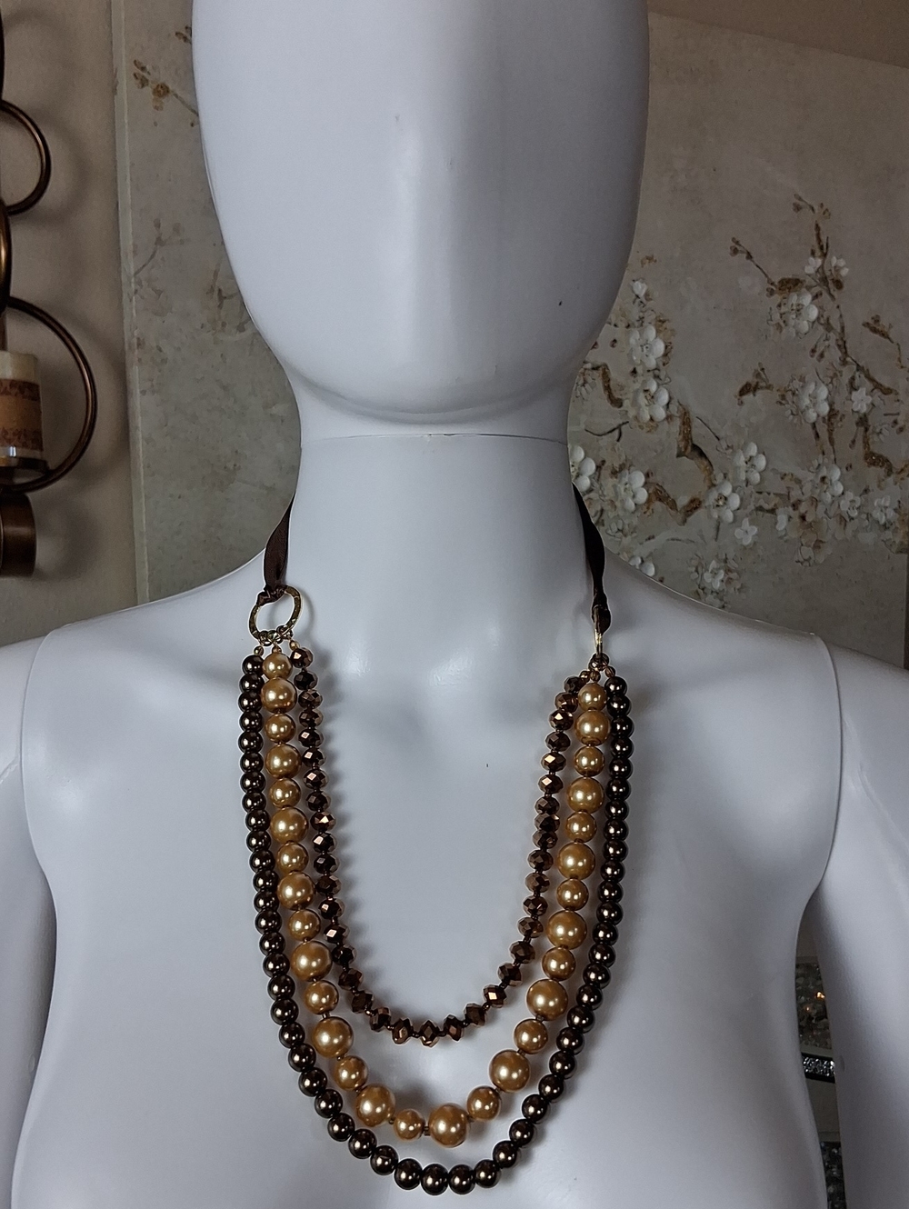 Women's Elegant Brown And Gold Faux Pearl Multi-Strand Statement Necklace - Picture 14 of 14